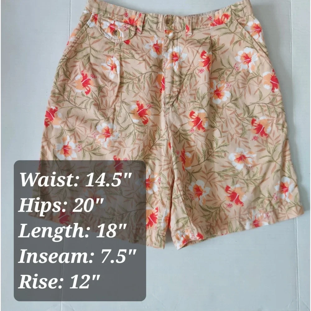 White Stag Vintage High Waisted Tropical Hibiscus Floral Cotton Shorts Peach 8